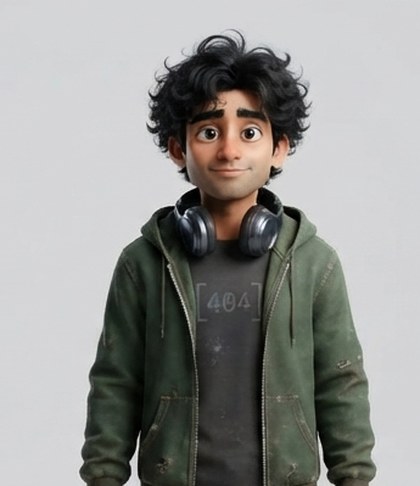 Backend Babloo - Junior Developer, curly hair and a grey hoodie