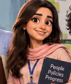 HR Hina - HR Manager holding the People, Policies, Progress folder